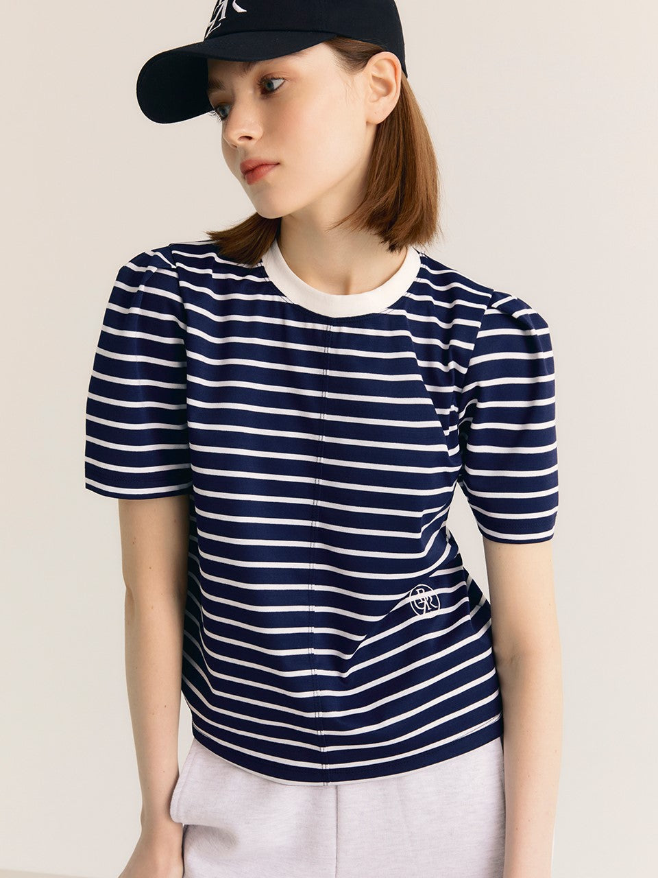 CITYBREEZE Puff Sleeve Striped T-shirt Navy (IZ*ONE MINJU’s Pick)
